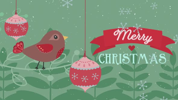 Animation of Merry Christmas words with a bird on a branche and snowflakes falling 