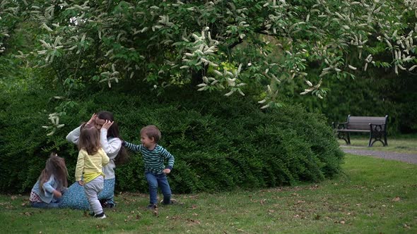 Happy Family Mom Three Little Siblings Kids Have Fun Blowing Bubbles Enjoying Summer Holidays in