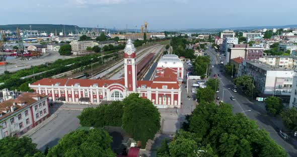 aerial footage of Varna central railway station. Varna is the sea capital of Bulgaria.