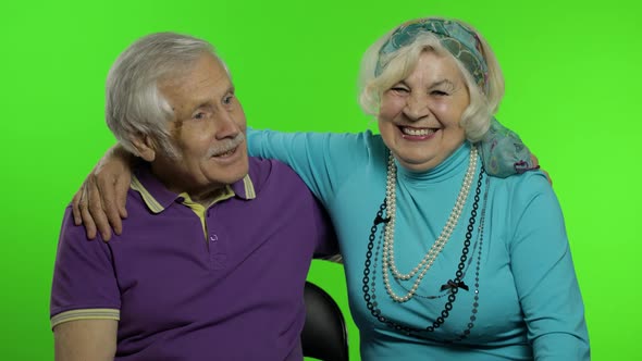 Mature Senior Old Couple Family Grandparents Enjoy Talking, Hugging. Chroma Key