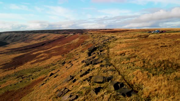 Aerial view of rock formation at Marsden Moor, Peak District National Park, UK.