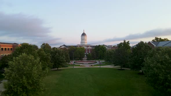 University of Missouri College Campus with No people at Sunrise - Aerial Drone View