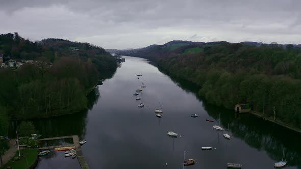 Beautiful aerial view, footage of Rudyard Lake in the Derbyshire Peak District Nation Park, popular