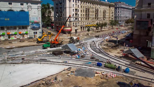 Concrete Works for Road Construction with Many Workers and Mixer Timelapse