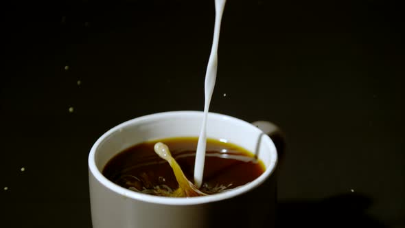 Pouring milk into a cup of coffee, Ultra Slow Motion