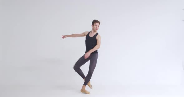Young Male Ballet Dancer Performs Pirouette and Acrobatic Elements in Ballet Dance White Background