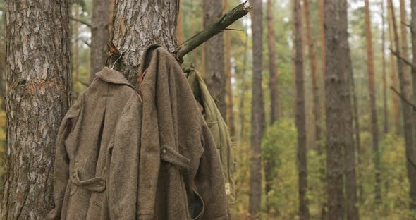 Overcoat Coat Of World War II Russian Soviet Infantry Red Army Soldier Hanging On A Hanger On Wood