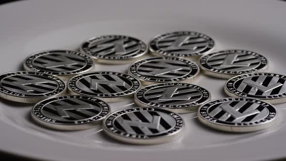 Rotating shot of Litecoin Bitcoins 