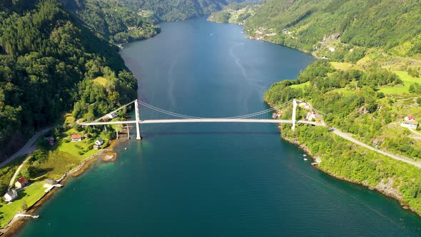 Aerial view of a bridge over a lake in Norway, view of lovely Fjord