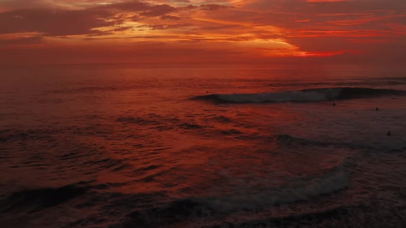 Fly in Sunset Time. Beautiful Red Sky, Clouds,sea. Aerial Panorama, Ocean, Sea Surface in Sunrise