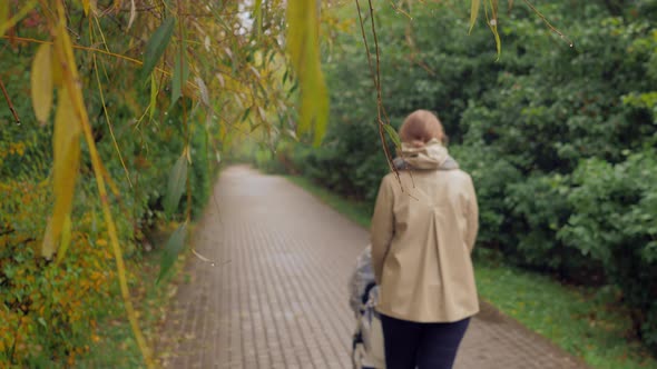 Mum with baby having a walk outside on autumn day