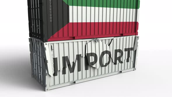 Container with Flag of Kuwait Breaks Container with IMPORT Text alt
