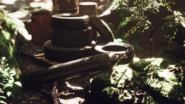 Old Used Wheels in the Tropical Forest As Pollution Concept
