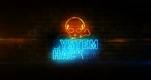 System hacked alert with skull symbol neon on brick wall