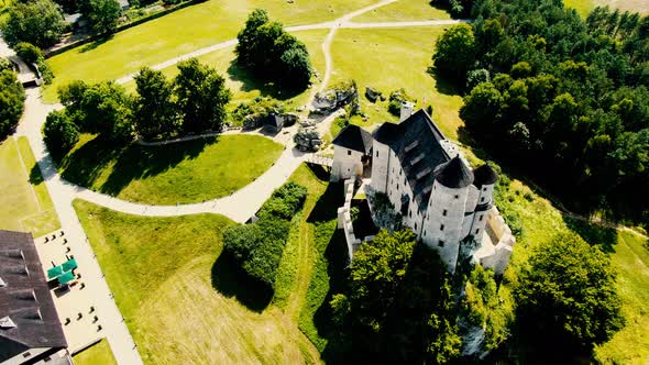 Medieval castle Bobolice, Poland. Aerial concept.