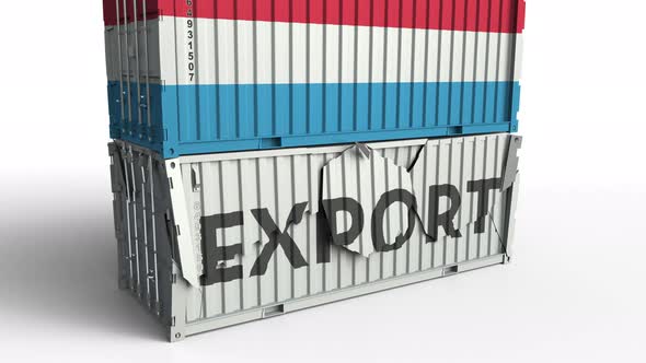 Container with Flag of Luxembourg Breaks Container with EXPORT Text alt