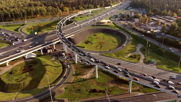 Aerial View of a Freeway Intersection Traffic Trails in Moscow