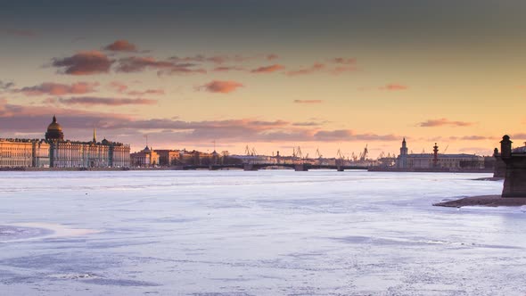 Russia SaintPetersburg Time Lapse of the Water Area of the Neva River at Sunset the Winter Palace