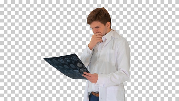 Frustrated male doctor examining computed, Alpha Channel