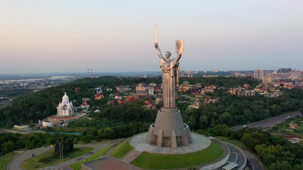 Drone Footage Aerial View of the Motherland Monument in Kiev Kyiv, Ukraine