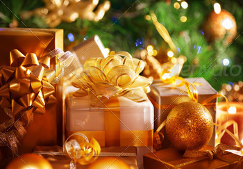 boxes under Christmas tree in holiday eve, Christmastime celebration, home decorated with festive shiny balls, magic x-mas night