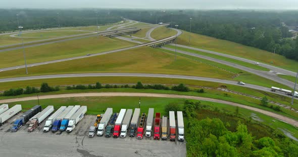 Aerial View of Parking Lot with Trucks on Transportation of Truck Rest Area Dock