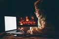 Woman searching on laptop near fair place. - PhotoDune Item for Sale
