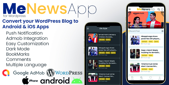 MeNewsApp - Full Application Android & iOS App for Wordpress Website