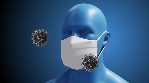 Animation of macro coronavirus Covid-19 cells floating over a 3D man wearing a mask