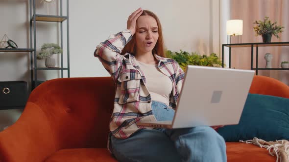 Sad Young Woman Use Laptop Computer Pc Browsing Loses Becoming Surprised Sudden Bad Lottery Results