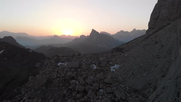 Aerial Fly near Passo Giau in Dolomites Italy at Sunset