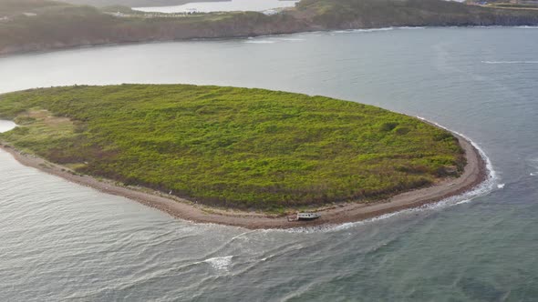 Drone View of the Island with a Beached Wooden Fishing Schooner