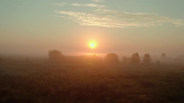 Aerial Drone View. Beautiful Misty Dawn in the Spring on the Lake. V2