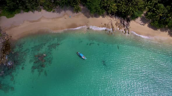 Banana Beach Phuket Thailand White Sandy Beach with Palm Trees View From Drone Aerial View at Beach