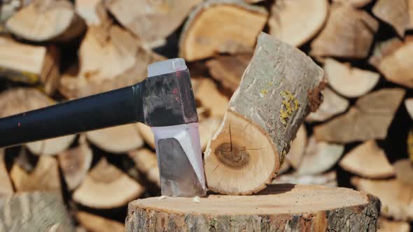 Ax Splits a Log, Harvesting Firewood