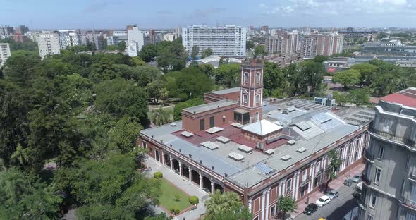 Aerial Drone Scene of National Museum. Traveling in. Trees, Buildings and Park. City Landscape. Buen