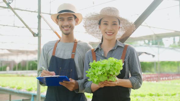 Asian farmers couple work in vegetables hydroponic farm with happiness.