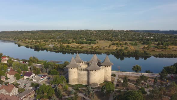 Aerial Dolly Out Shot of Medieval Fort in Soroca Republic of Moldova