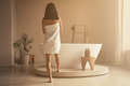 Rare view of attractive slim woman in towel going to take bath in white ceramic bathtub - PhotoDune Item for Sale