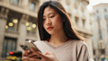 Beautiful Asian girl looking thoughtful texting with friend using smartphone on the city street - PhotoDune Item for Sale