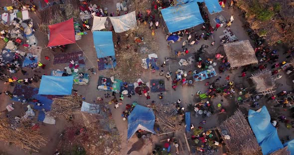 Aerial shot of a crowded marketplace in Dodoma, Tanzania, Africa. 4K