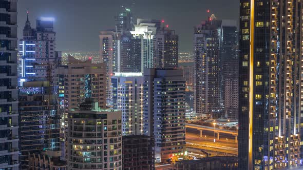 Dubai Marina and JLT at Night Timelapse Glittering Lights and Tallest Skyscrapers