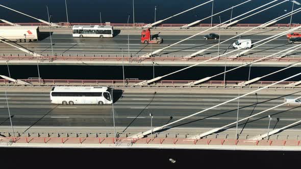 Cars Driving on Cable-stayed Bridge Close Up, Aerial View