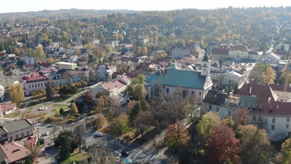 Flying over Wieliczka town near Krakow city in Poland