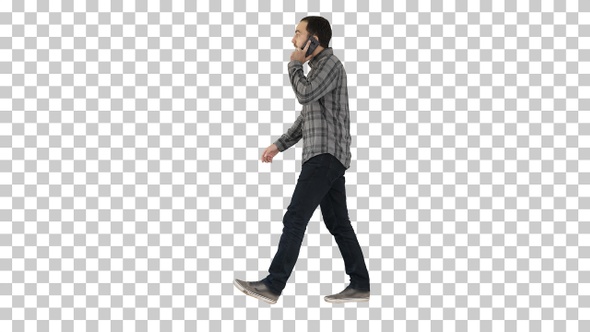 Young bearded man walking and talking, Alpha Channel