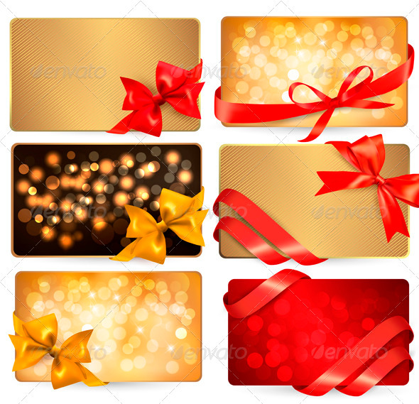 Set of Beautiful Cards with Red Gift Bows