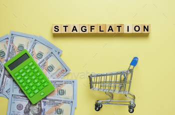 n, cart, fake money and calculator. Stagflation inflation rate is high, the economic growth rate slows, and unemployment remains steadily high.