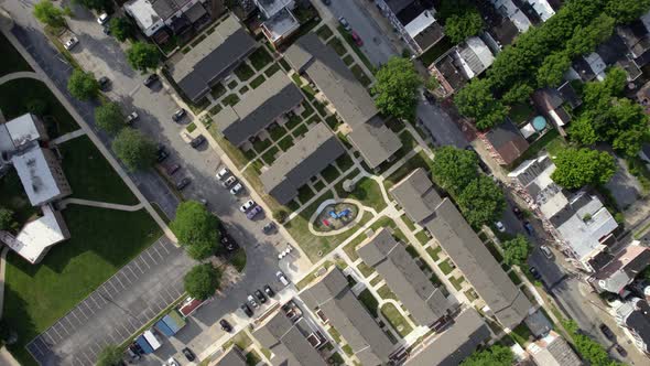 Aerial view over a residential area in Wilmington city in Delaware, USA - top down, drone shot