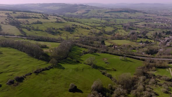 Hilly Landscape Green Pattern Grass Fields Winter Aerial Establishing Shot Broadway Worcestershire U