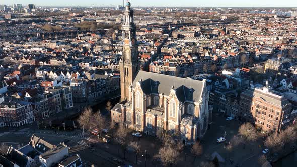 Amsterdam City Center Aerial Drone View of the Westerkerk and the Jordaan Urban Area in the City